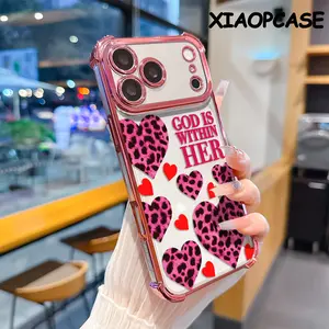 Leopard-print heart and GOD IS WITHIN HER pattern four-corner drop-proof soft TPU phone case iPhone 17 Pro Max Air 16 15 14 13 12 11 Plus Fashionable camera protection shockproof and drop-resistant durable phone case