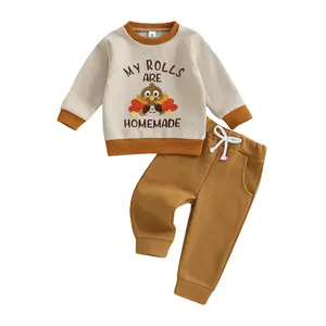 My Rolls are Homemade Thanksgiving Baby Boy Outfit Turkey/Bread Embroidery Waffle Knit Set Sweatshirt Jogger Pants 2Pcs Toddler Fall Winter Harvest Festvial Celebration