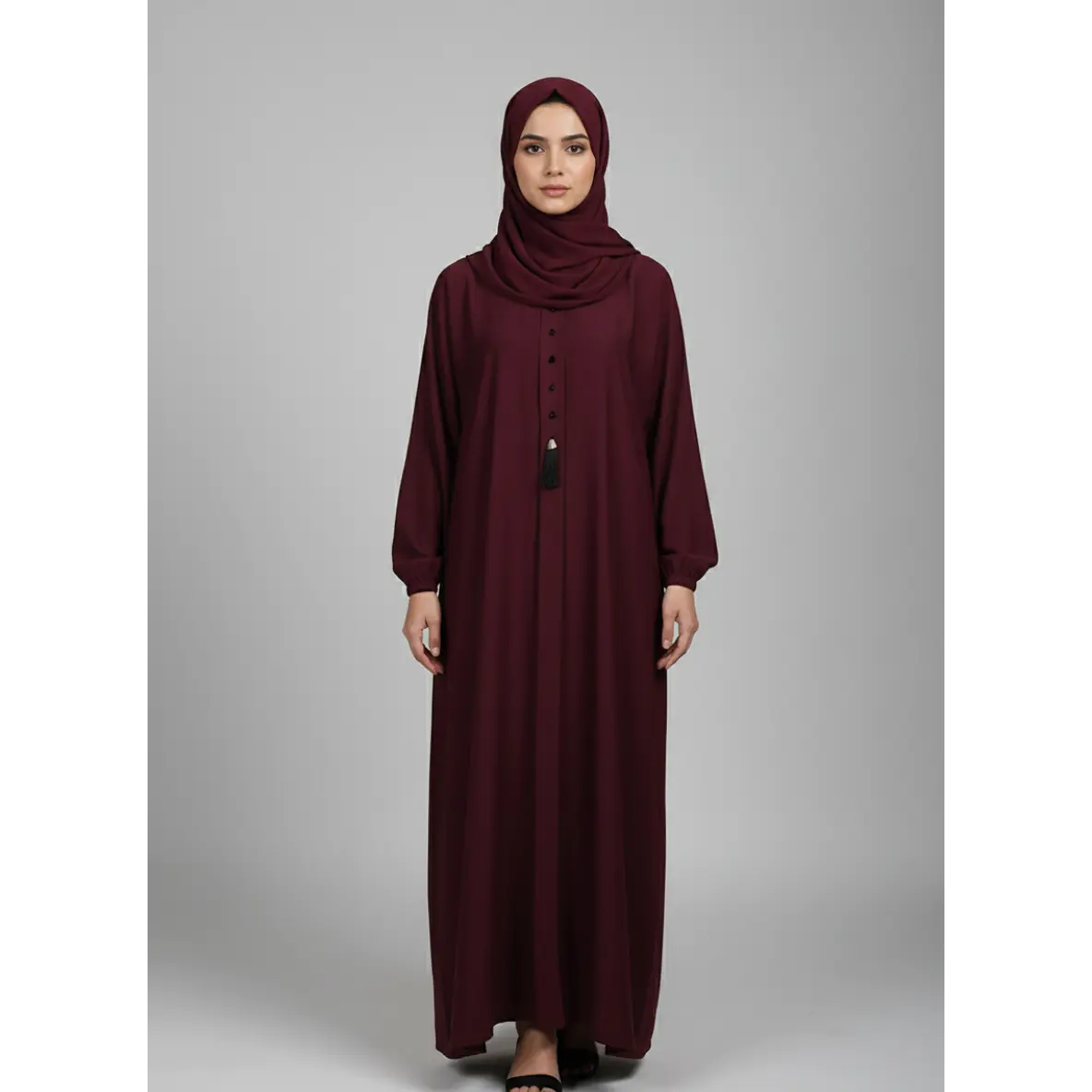 Women's Islamic Nida Fabric Abaya with Buttons and Tassels