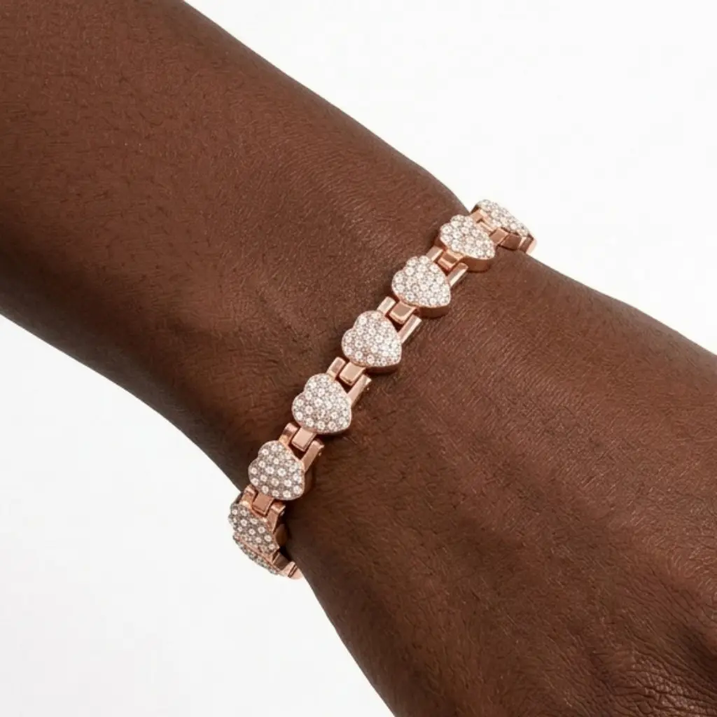 Women's 99.99% Pure Copper Bracelet - Female Adults' Ultra-Strength 3800 Gauss Neodymium Magnetic Jewelry, 0.35" Wide 8.27" Long, Dazzling Cubic Zirconia Heart Shape Gift