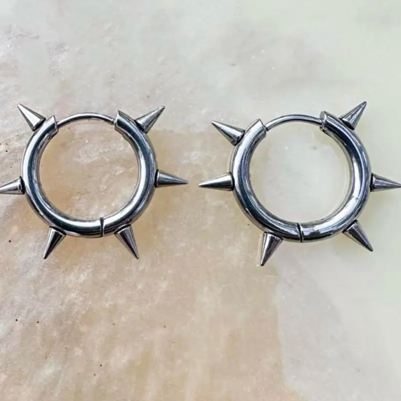 Titanium Silver Spike Hoop Earrings