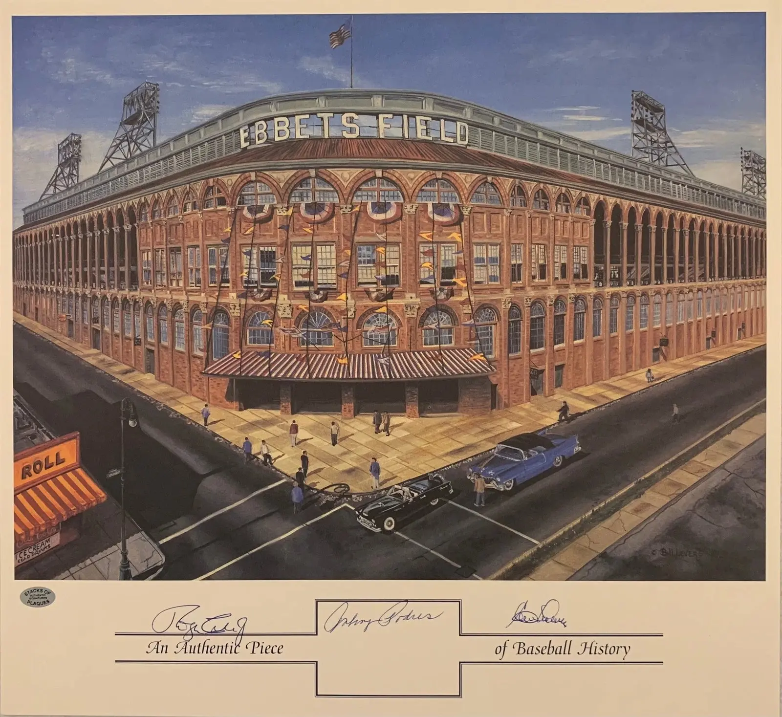 Ebbets Field Lithograph Autographed by Roger Craig, Clem Labine & Johnny Podres – Brooklyn Dodgers, COA