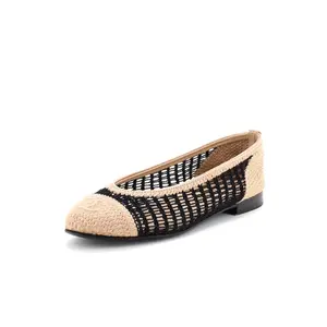 Pre-owned Chanel Women's CC Cap Toe Ballerina Flats Crochet Raffia by Rebag