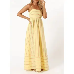 Women's Summer Clothing: Striped Long Dress with Elastic Back, Sexy Spaghetti Straps, Hollowed-out Design, Flowing and Swinging Long Dress, New Spring Style