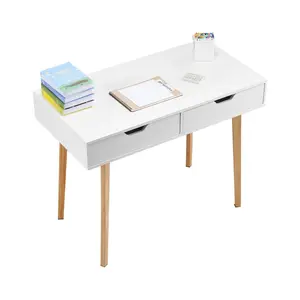 summervibes VEVOR Small Desk with Drawers, Kids Desk for Bedroom, Wooden Simple Study Table for Drawing, Reading, Writing, Rectangle MDF Furniture Study Storage Table for Home, Office, White+ Wood