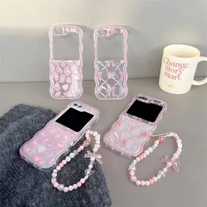 For Samsung Galaxy Z Flip 7 6 5 4 3 5G F7110 F7070 Unique Cute Girl Pink Bow Knot Heart Pearl Strap Wrist Wave Phone Case Cover