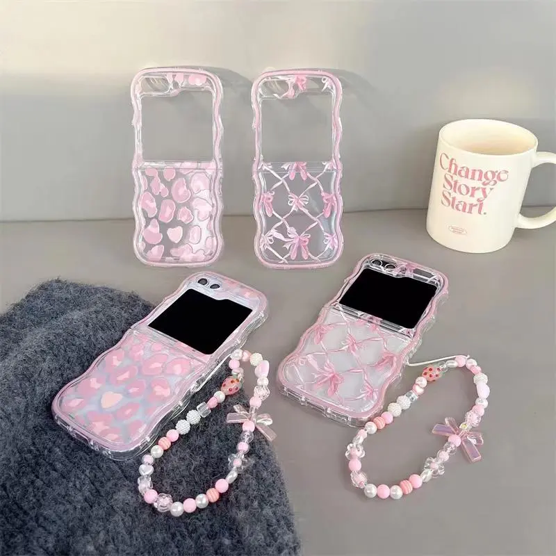 For Samsung Galaxy Z Flip 7 6 5 4 3 5G F7110 F7070 Unique Cute Girl Pink Bow Knot Heart Pearl Strap Wrist Wave Phone Case Cover
