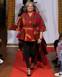 Elegant Red High-Low African Print Jacket – Peplum Style with Flowing Back Design