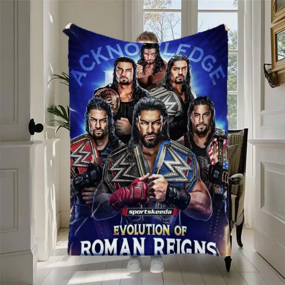 Roman Reigns Inspired Flannel Blanket WWE Championship Print Signature Pose Graphic Throw Blanket Plush Soft Cozy Lightweight Blanket For Home Office Sofa Bed Couch Bedroom Travel Wrestling Fan Bedding