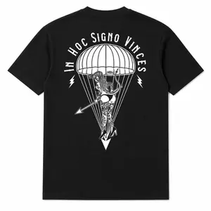 In Hoc Signo Vinces Tactical T Shirt For Men, Airborne Paratrooper Pin Up Military Graphic Tee With Latin Warrior Motto, Vintage War Art Streetwear Shirt, Operator Mindset Apparel And Gift For Tactical Lifestyle Fans