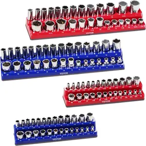VEVOR Magnetic Socket Organizer Set, 4PCS Magnetic Socket Holder, 1/4'' & 3/8'' Metric SAE Socket Trays with Clear Labels, Hold up to 108PCS Standard & Deep Sockets, Blue & Red (Sockets Not Included)
