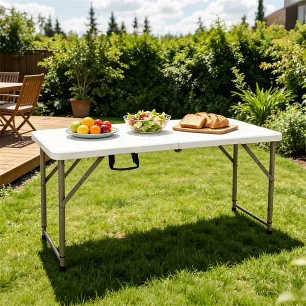 4 FT Folding Camping Table - 3-Level Adjustable Height HDPE Plastic Utility Item with Lightweight Foldable Build, Built-in Handle, Heavy-Duty Suitcase Style for Backyard BBQs, Outdoor Picnics | Indoor/Outdoor Home Supplies Folding Tables