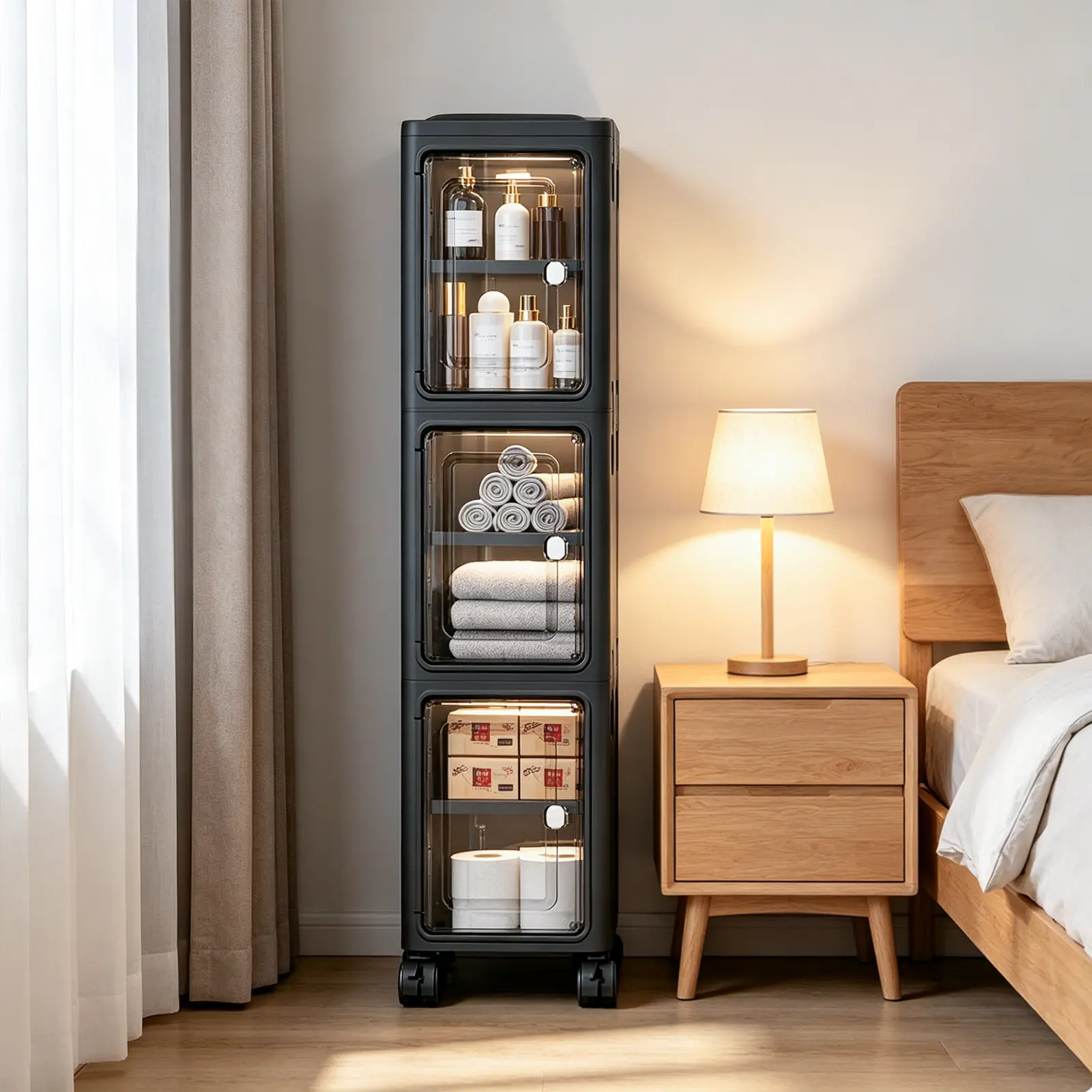 Slim Narrow Foldable Storage Cabinet, Magnetic Transparent Door Tall Organizer with Rolling Lockable Casters, Adjustable Layer Plastic Cabinet for Kitchen Gaps, Bathroom & Laundry Room Home Storage