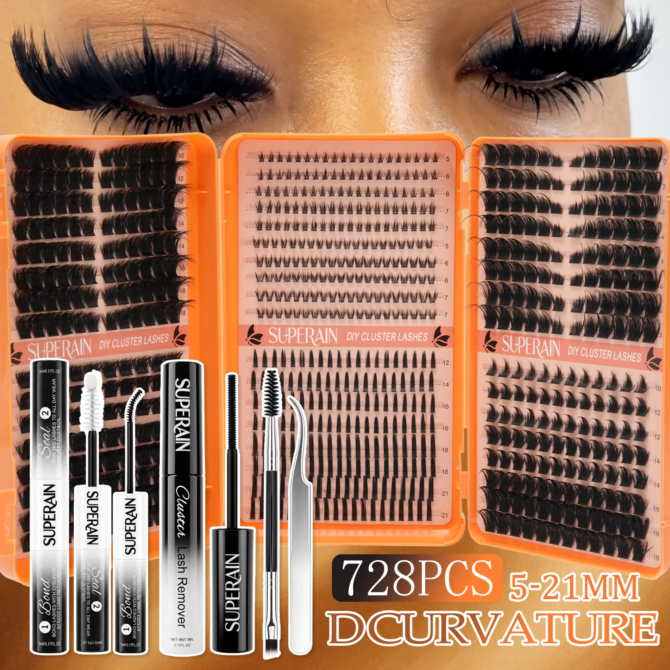 728PCS Glue-Free DIY Lash Book - 5-21mm D/DD Curl Fluffy Wispy Spiky Cluster Lashes Kit, Upper/Bottom Clusters, Beginner Makeup Kit with Eyelash Extensions & Tools