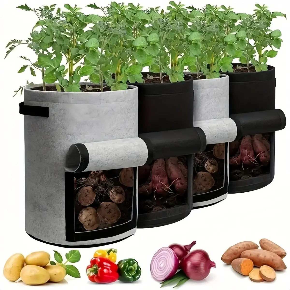 Potato Grow Bags with Flap 10 Gallon, 4 Pack Planter Pot with Handles and Harvest Window for Potato Tomato and Vegetables