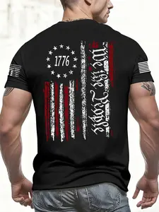 Men's Round Neck Flag Print Graphic Short Sleeve Shirt, Streetwear, Casual Fashion, High-Quality Fabric, Essential Basic Wear, Long Fitted Top, Menswear