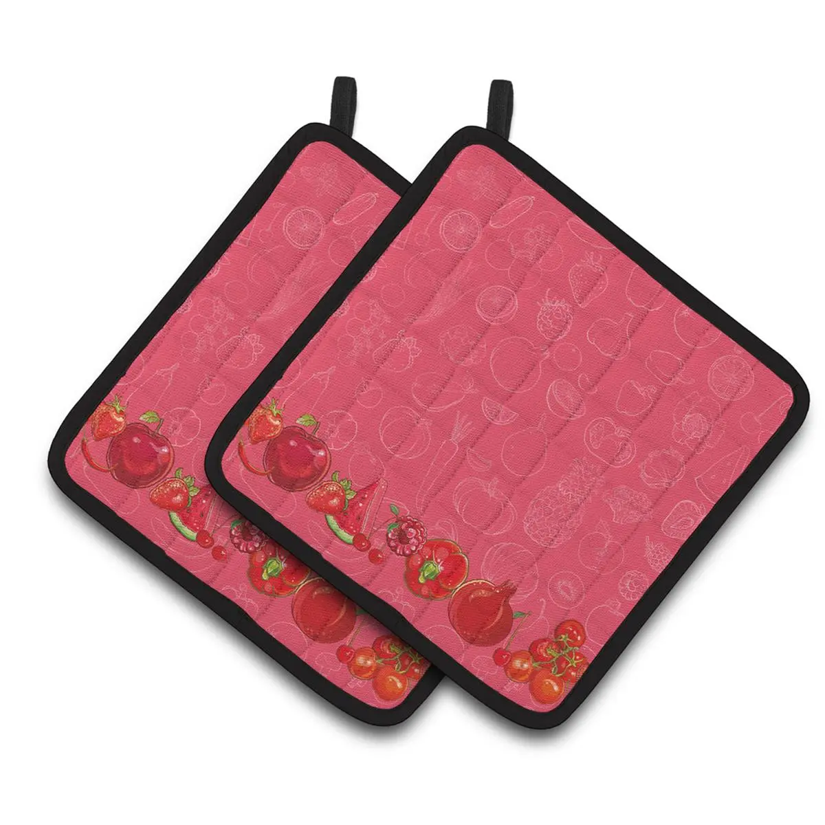 212 MAIN Durable Red 2-Piece Polyester Pot Holders - Heat Resistant, Fruits & Vegetables Design, 7.5" h x 3" w x 7.5" l, Hanging Tab, Christmas Holiday Kitchenware for Safe Food Handling