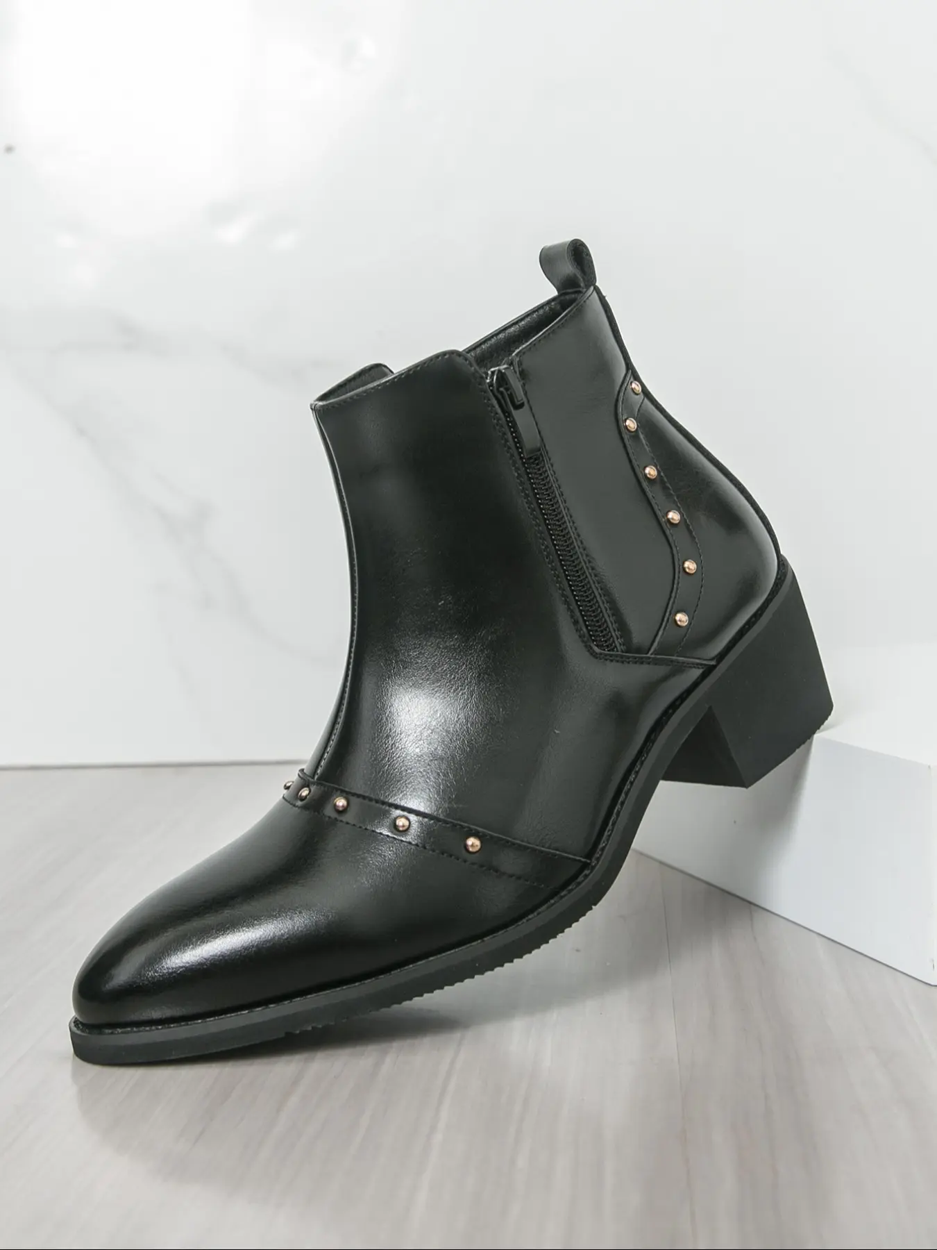 Men's High Heel Elevator Chelsea Boots, Pointed Toe Business Classic Nude Color High Top Men's Shoes, 1 Pair