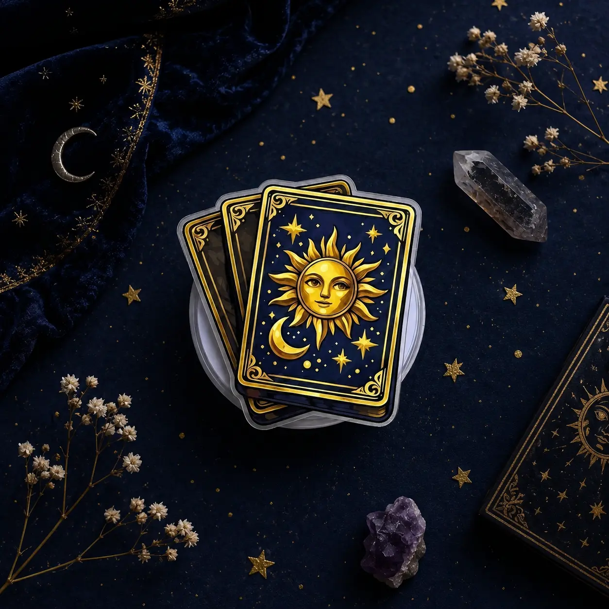 Aesthetic 2D Acrylic Tarot Card Phone Grip, Celestial Sun and Moon Pop Socket, Witchy Phone Stand