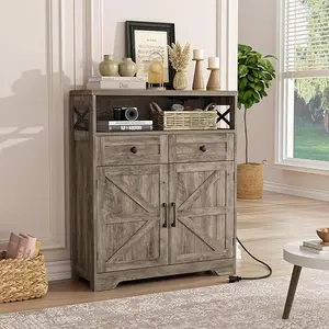 [SummerVibes] Vabches 31.5" Farmhouse Wooden Barn Doors & Drawers Storage Cabinet, Multi-Functional Sideboard Buffet - Kitchen Pantry Hutch, Coffee Bar Station for Kitchen, Living Room, Barn Doors Cabinet, Wooden Storage Cabinet
