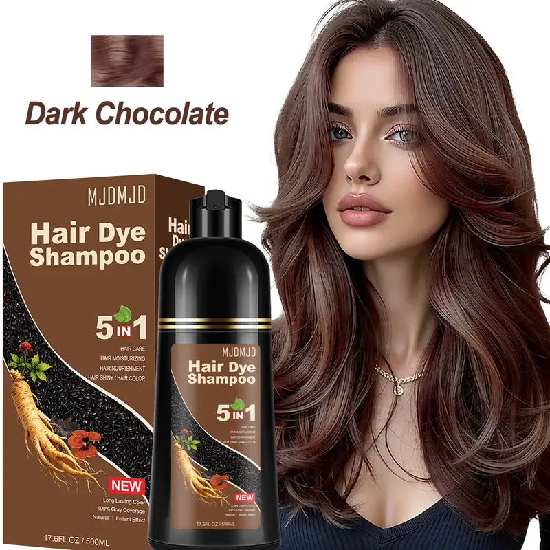 MJDMJD 5-in-1 Alcohol-Free Dark Chocolate Herbal Hair Dye Shampoo - Semi-Permanent Alternative Color, Instant Gray Coverage, 3-4 Weeks Long-Lasting Results in Minutes, Ginseng Ginger Blend for Adults (24 Months Shelf Life, Curly/Normal Types)