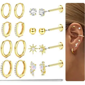 CASSIECA Unisex 8-Pair Flat Back Hypoallergenic Earrings Set, 14 Karat Gold Plated Surgical Steel Stackable Small Huggie Hoops, 18G Internal Thread Cartilage Helix Conch Tragus Piercing Jewelry