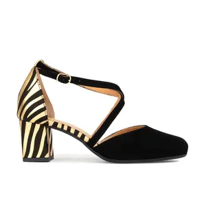Dannii Black & Gold Stripes Shoe Summer Women's 2" Block Heel Sandal Comfortable Walking Shoes for Night Out or Office Slip On Strappy Heel - Footwear