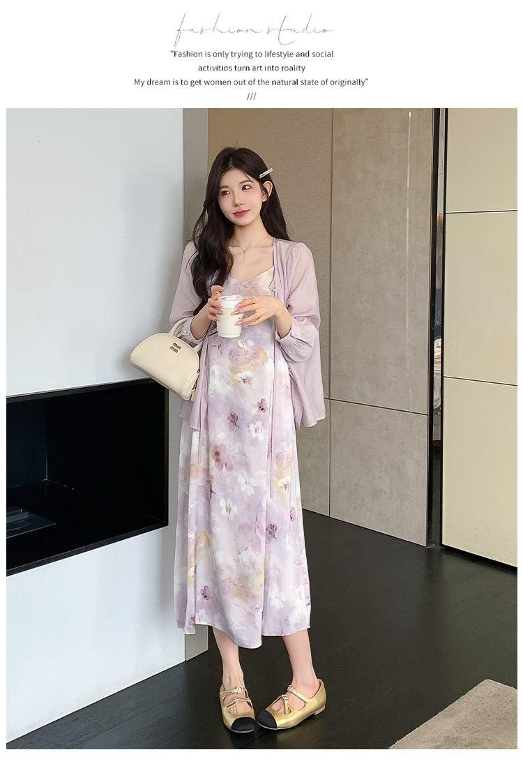 Sweet And Gentle Style Purple Printed Slip Dress Shirt And Cardigan Two-Piece Set