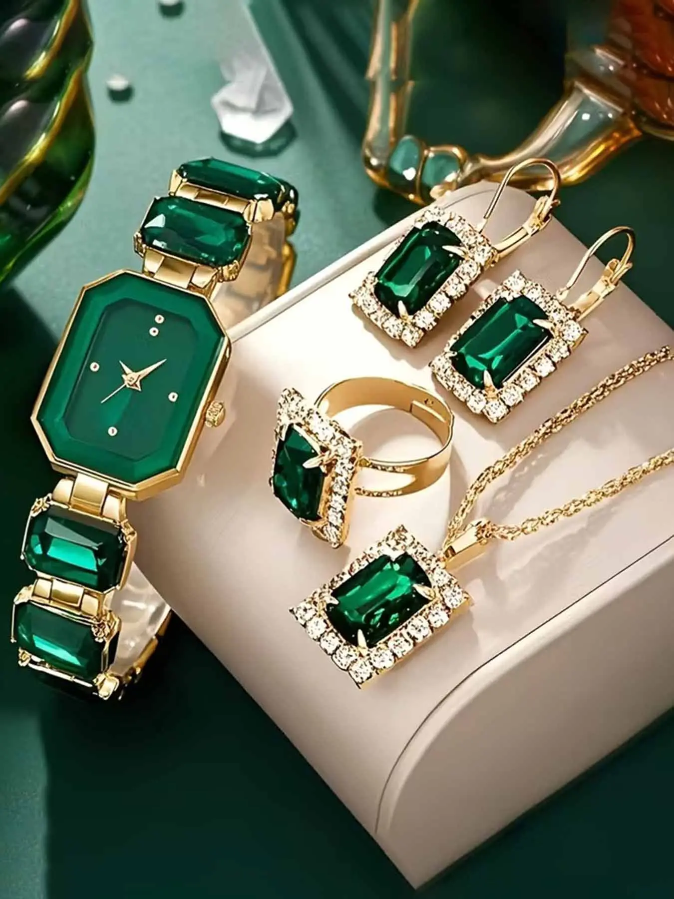 5-piece Women's Watch Matching Jewelry Set - Square Quartz Watch with Same Style Bracelet/Necklace/Earrings/Ring, Casual and Elegant Pointer Watch, Suitable for Daily Wear and Special Occasions, Trendy Watch Set