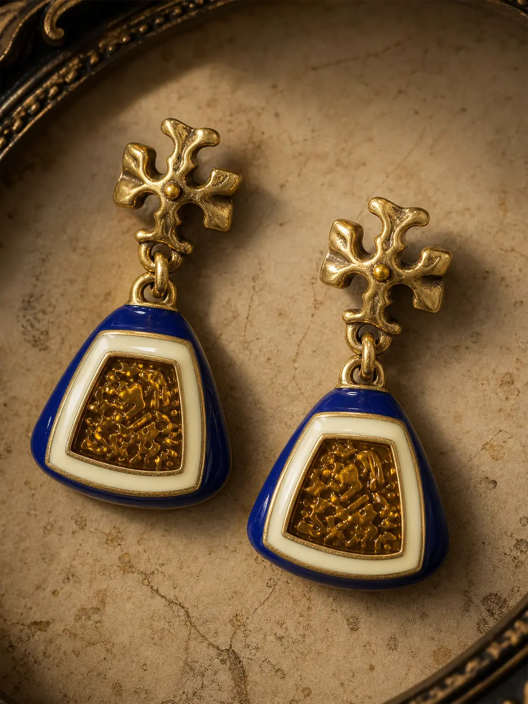 Blue Enamel Cross Motif Earrings with Gold Relief, Vintage Hypoallergenic Dangle Drops for Women's Daily & Casual Wear