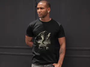 Tornado Chasing Adventure Linocut Style T-Shirt, Storm Chaser Vehicle and Lightning Scene Tee, Gift for Meteorologists and Spotters