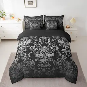 Feelyou 7-Piece Gothic Damask Bedding Set - White Black Victorian Floral Goth Comforter, Exotic Moth Sheets, Breathable Microfiber Soft Decorative Duvet Set, Breathable Duvet Set, Decorative Bedding Set