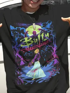 Women's Buffy Print Round Neck Graphic T-Shirt, Vintage Fashion Casual Fitted Short Sleeve Tee, Daily Wear, Ladies All Seasons, 90s Clothing