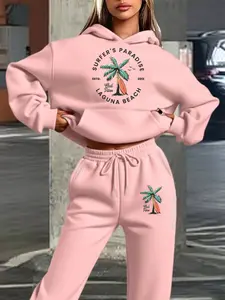 Women's Fall Winter Hoodie Set Palm Tree Surfboard Beach Theme, California Retro Casual Style, Long Sleeve Drawstring Sweatshirt Pants