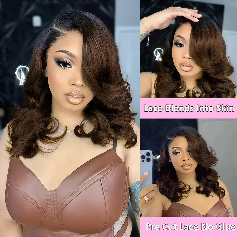 Pizazz Hair Balayage T1b/4 Ombre Colored Body Wave Wig 280% Density Side Part Layer Cut Lace Wig 8x5 Glueless Wigs Body Wave Pre Cut /Pre Bleached /Pr