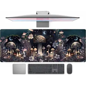 Cute rk Mushroom Moon Night  Pad XL Extended Gaming Mat with Stitched Edges,  Laptop Keyboard and  Mat for Women Office Desk Decor, 31.5x11.8 in
