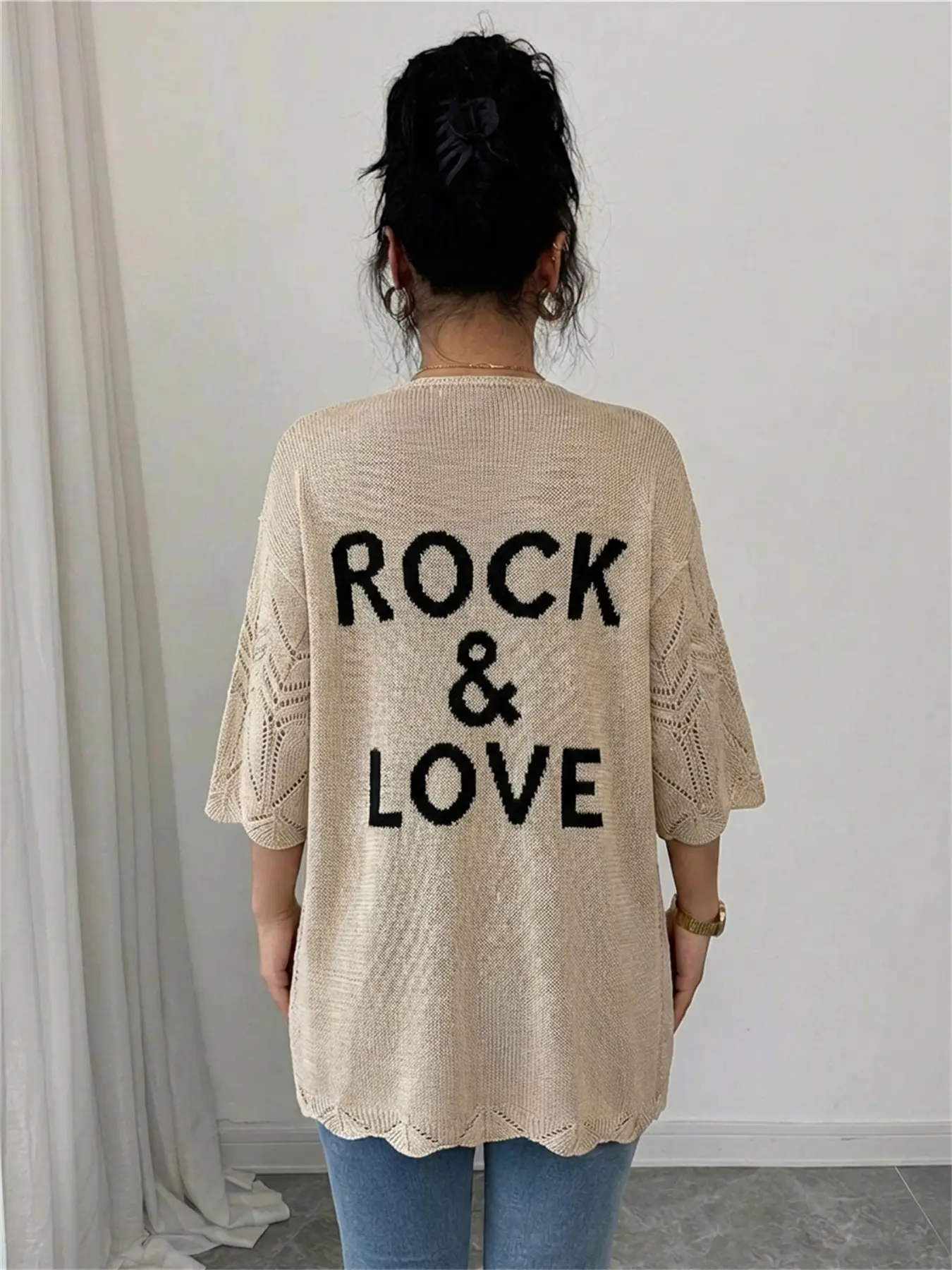 Women's ROCK&LOVE Summer Viscose Knit Cardigan - Cardigan for Women, Casual Wear, Cut-Out Short Sleeves, Flattering V-Neck, Hollow Out Solid Design, Lightweight Cardi, Beach Cover Up Tops, Hand Wash Knitwear
