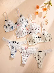 3-Piece Women's Bra Set with Steel Band, Lace Trim, Floral Butterfly Heart Print, Comfortable and Stylish Underwear Collection Womenswear
