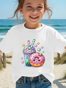 Kids' Cute Bubble Tea & Donut Graphic T-Shirt - Short Sleeve Casual Tee for Girls