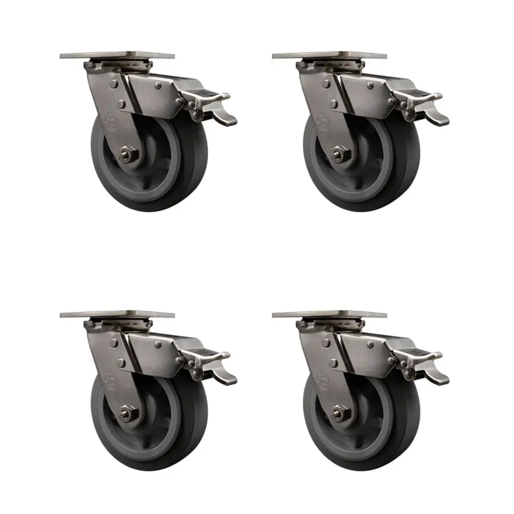Service Caster SCC-SS316TTL30S620-TPRBF-4 316 Stainless Steel Heavy Duty Swivel Castors (Anti-Rust, Polished Metal, Rubber, Metal Ball Castors) - 6 in. Thermoplastic Rubber Flat Tread Wheels, Ball Bearings - Set of 4, Anti-Rust Castors