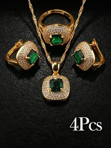 Bridal jewelry set；18K gold plated jewelry；simulated emerald sapphire set；square vintage wedding set；adjustable necklace earrings ring set；luxury party jewelry for women