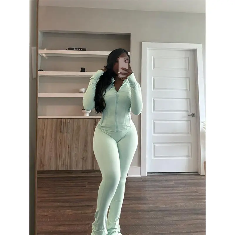NewAutumn And Winter New Long Sleeves Zipper Crop top Suits Tracksuits Women's Suits Fashion Pants Female Soild  Clothes Womenswear Can be used with raincoat Gifts  Gifts
