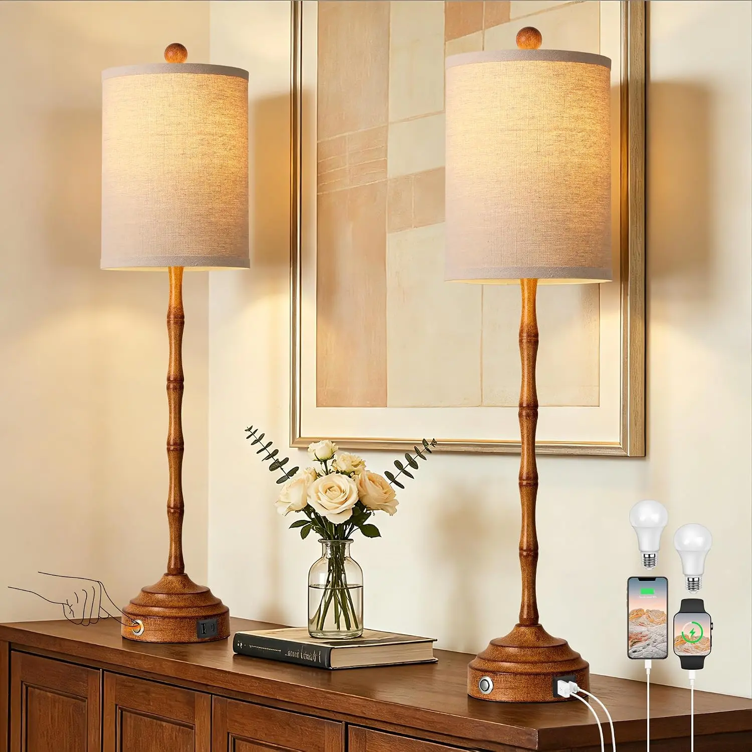 Buffet Lamps for Night Stands, 30.5" Tall Skinny Beside Lamps Set of 2 with Linen Shade, Morden Table Lamps for Living Room, Bedroom, Dinning Rooms, Home Decor,2 LED Bulbs, (Wood Grain)