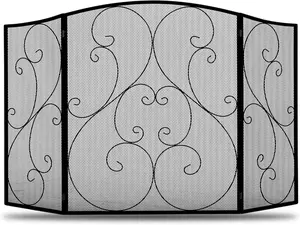 Fireplace Screen 3 Panel Spark Guard Cover, 51.2" L x 30.7" H Foldable Wrought Iron Metal Fireplace Gate for Living Room, Black