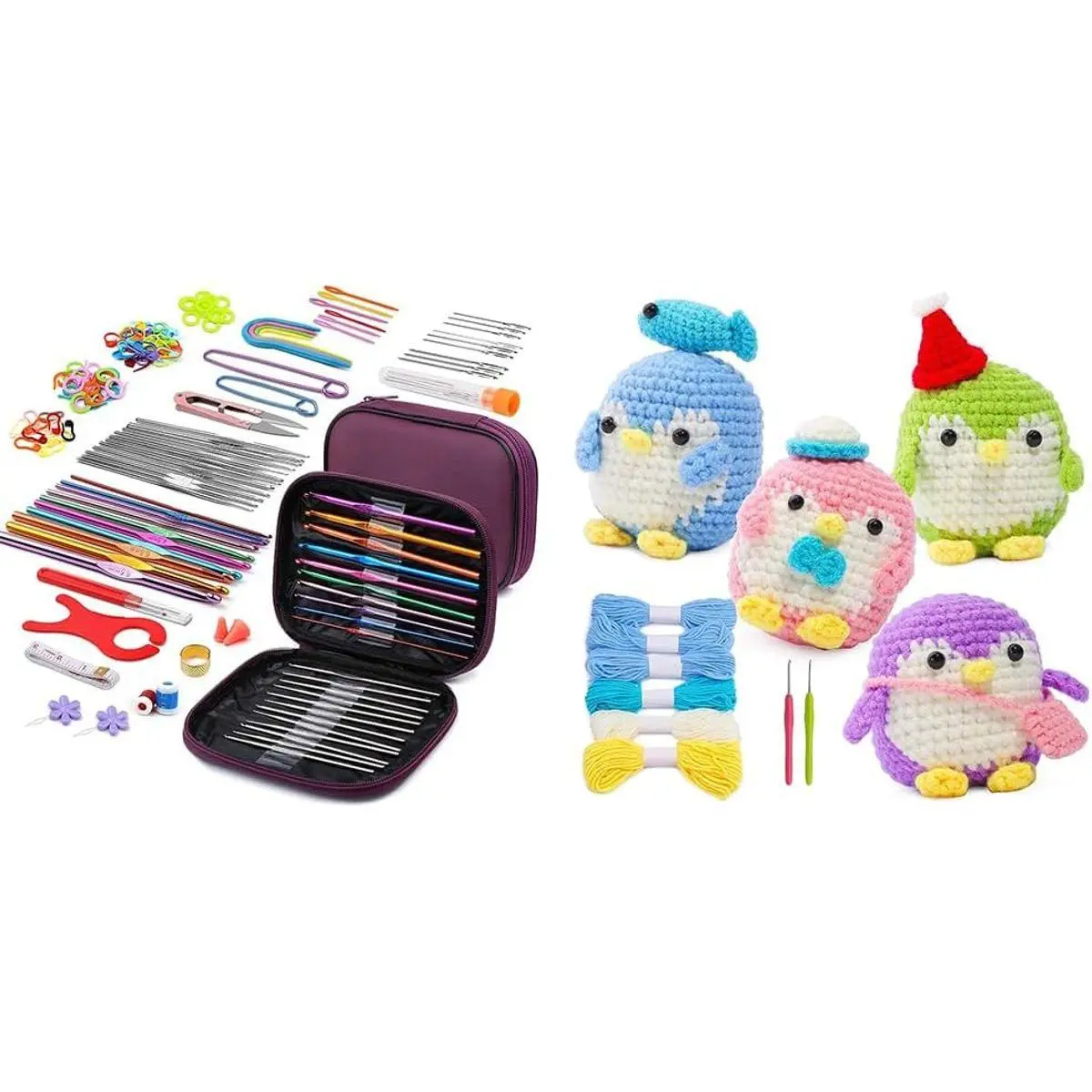 4 Pack Crochet Kit for Beginners with 110pcs Purple Crochet Hooks Set, Beginner Animal Crochet Kit, Cute Crochet Starter Kit, Crochet Hooks, Yarns, Stitch Marker Complete Crochet Set to Make 4 Penguin