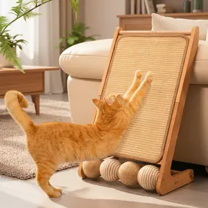 Sisal Cat Scratcher Ramp with Balls, Solid Wood 24.8" L Shape Cat Scratching Post Climbing Scratch for Indoor Cats,