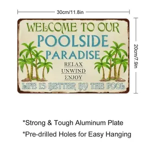 Retro Poolside Paradise Metal Sign, Waterproof Aluminum Plaque with Palm Tree Design, "Life Is Better By The Pool" Quote, Outdoor Patio Decor, Pre-drilled Holes for Easy Hanging