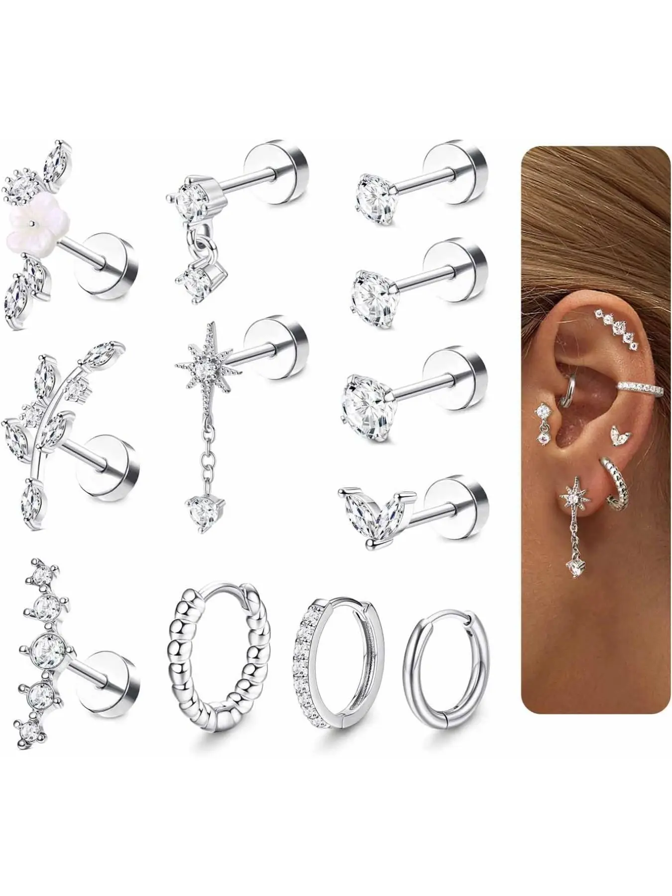 12Pcs Helix Piercing Jewellery Surgical Steel, Hypoallergenic Stainless Steel, Tragus Earrings Set with Flat Backs Stud Helix Hoop Cartilage Earrings, Ear Hoops, Silver Gold Conch Daith Piercing Jewellery