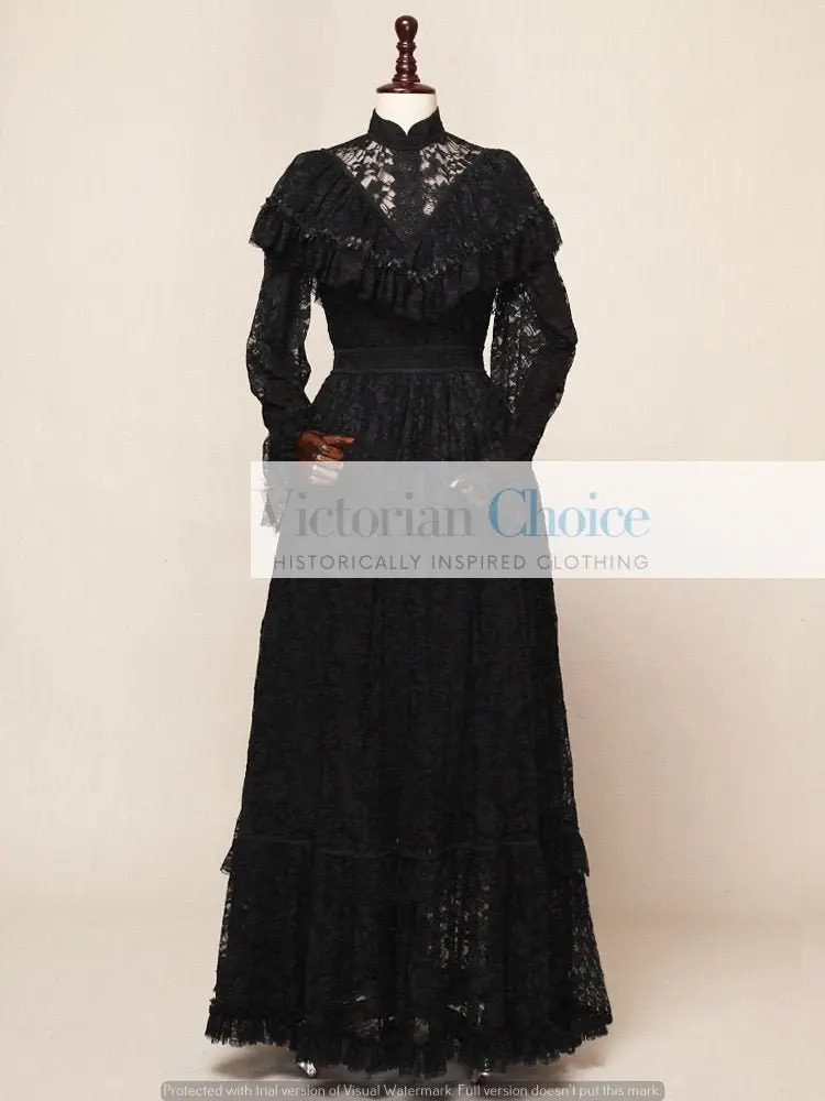 Black Gothic Victorian Edwardian Vintage Premium Lace Overlay Dress, Penny Dreadful Vanessa Ives Costume, Adult Witch Halloween Costume