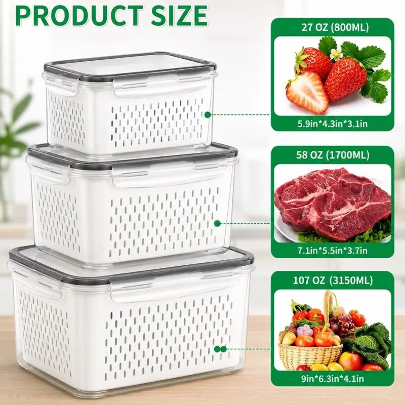 9pcs Dehydrator Set with Leak-Proof Anti-Odor Lids 3 Drain Pans 3 Sealed Containers for Fresh Vegetables Fruits Salad Making Tools